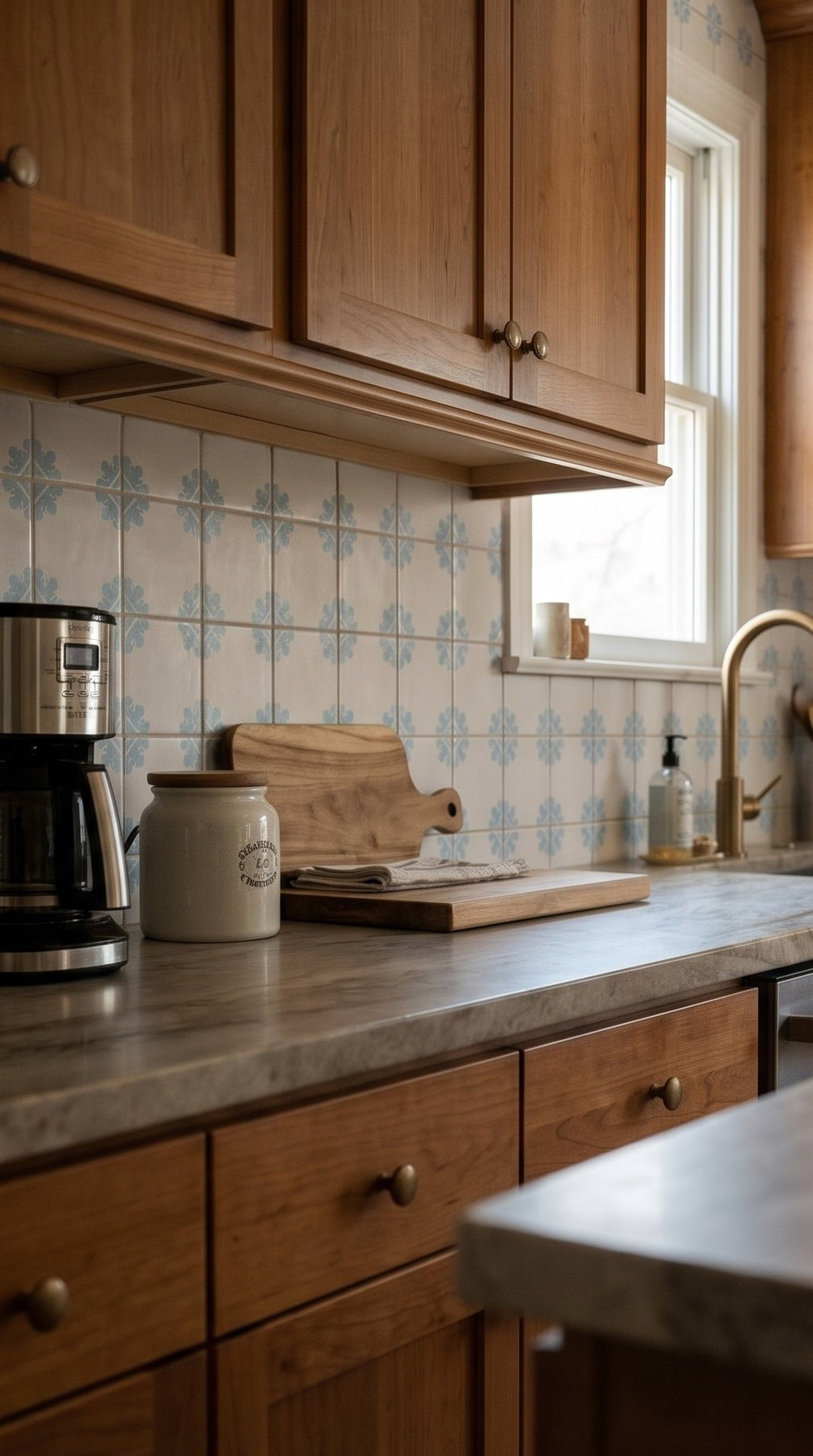 Creamy white Talavera tile with blue floral pattern by Clay Imports, installed as kitchen backsplash with wooden cabinetry and marble countertop.