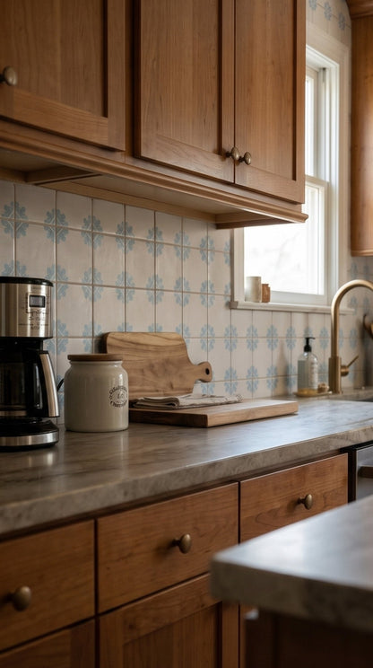 Creamy white Talavera tile with blue floral pattern by Clay Imports, installed as kitchen backsplash with wooden cabinetry and marble countertop.