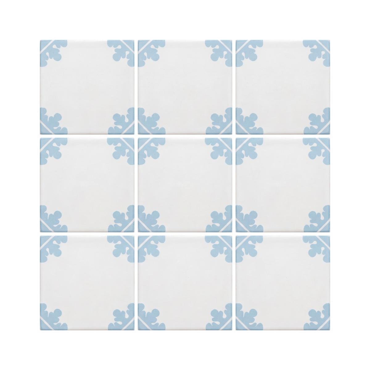 A 3x3 grid of square ceramic tiles with a white background and a light blue ornamental floral pattern in the corners of each tile.