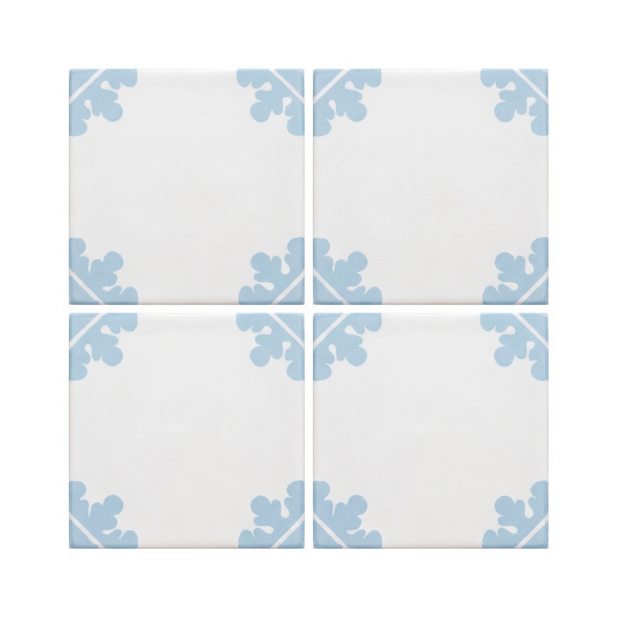 White Talavera tile with light blue corner floral motifs by Clay Imports, arranged in a 2x2 grid, glossy ceramic finish