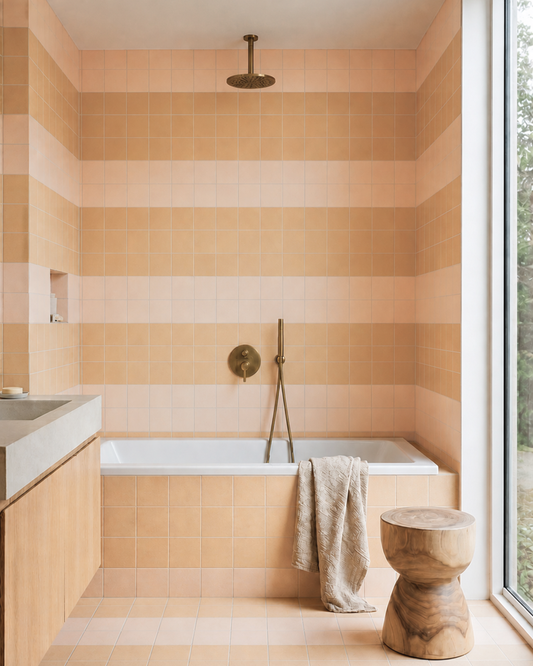 Sandbank Matte 4x5 Solid Tile by Clay Imports, arranged in alternating horizontal stripes of light and dark peach tones.