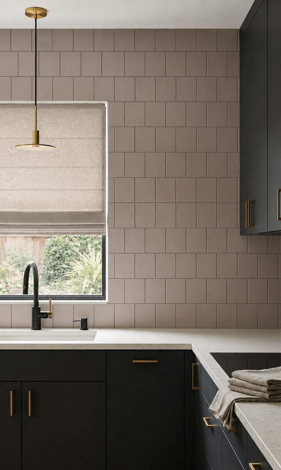 Matte coyote solid tile by Clay Imports, arranged in a stacked pattern as a kitchen backsplash with dark green cabinets and light countertops.