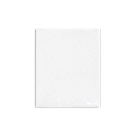 Three white crackle gloss solid tiles by Clay Imports, arranged in a row.