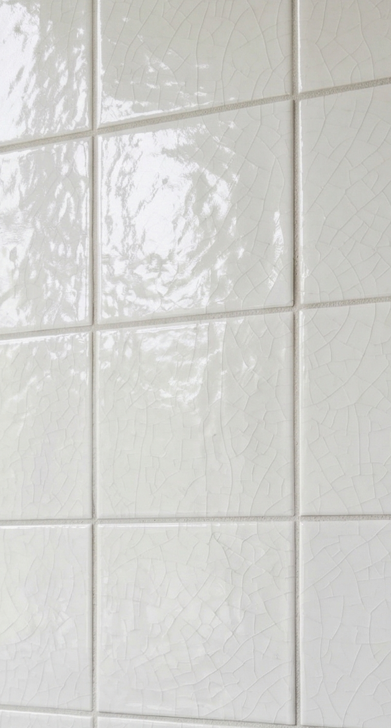 Close-up of white crackle gloss tile by Clay Imports, showing square tiles with subtle grout.