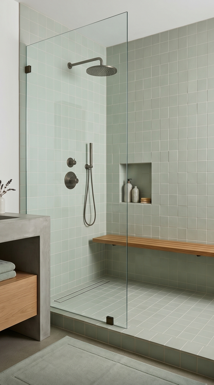 Sage green matte 4x5 solid tile by Espadin in shower walls and floor, with white grout and modern fixtures