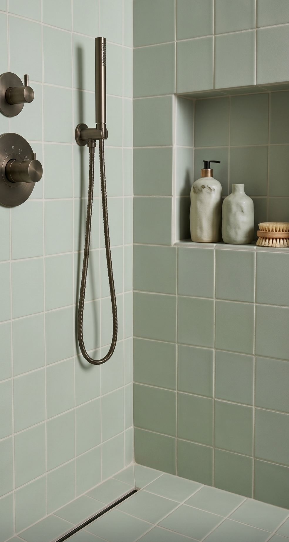 Sage green matte 4x5 solid tile by Espadin in shower corner with white grout, bronze fixtures, and ceramic accessories