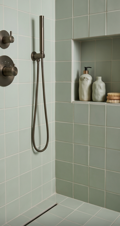 Sage green matte 4x5 solid tile by Espadin in shower corner with white grout, bronze fixtures, and ceramic accessories
