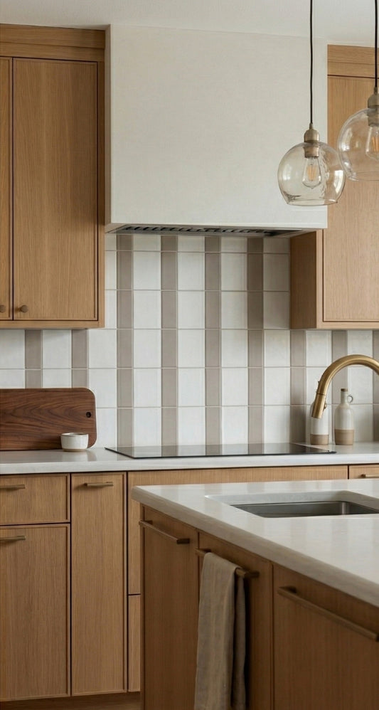Light taupe Palo Santo Matte 2x5 solid tile by Clay Imports, installed as a vertical stripe kitchen backsplash with white tiles.