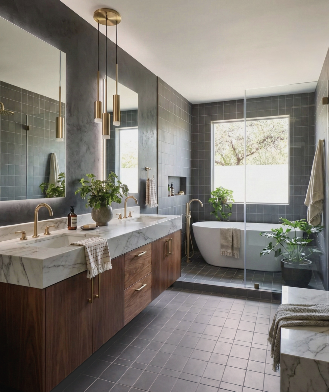 Dark grey matte solid tile by Clay Imports covering a bathroom floor and shower walls, creating a grid pattern.