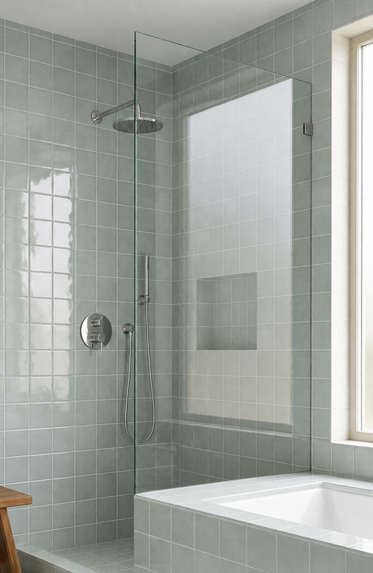 Glossy square solid tiles by Clay Imports, in light sage green, adorning a modern bathroom.