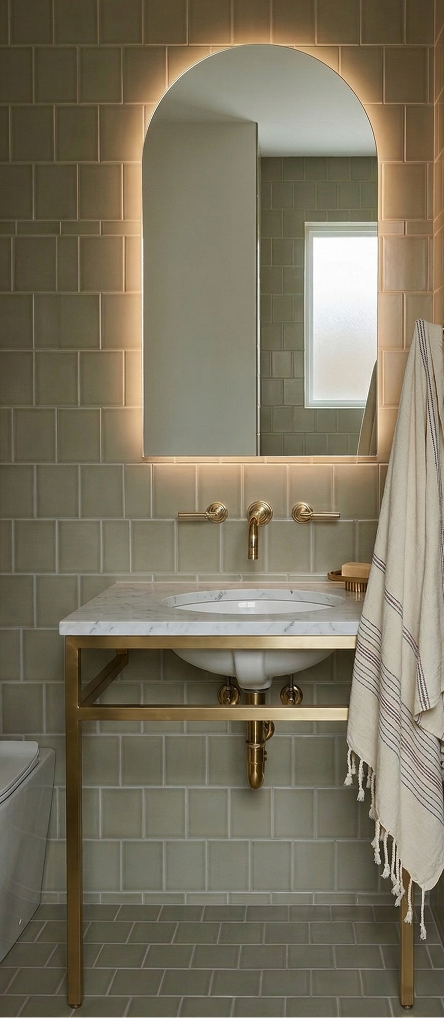 Crackle gloss sage green rectangular solid tile by Clay Imports in a bathroom with horizontal wall and diagonal floor layouts.