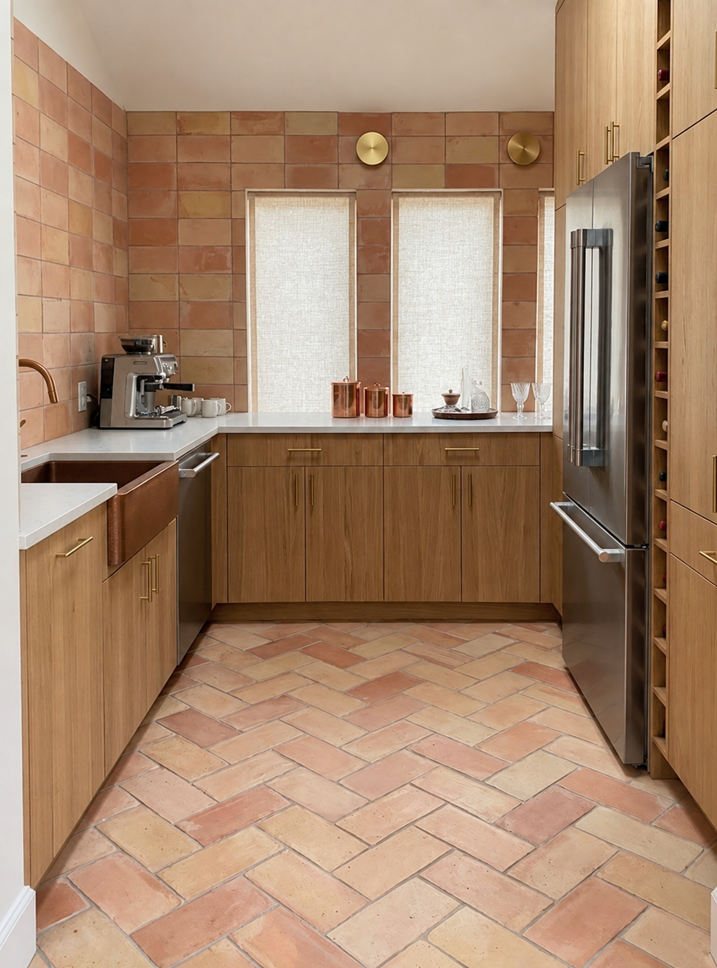 A modern kitchen interior with light wood cabinets, terracotta tile backsplash and floor, white countertops, two windows with sheer curtains, and a stainless steel refrigerator.
