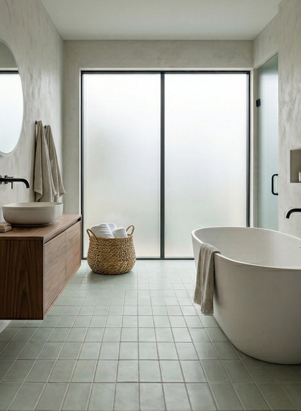 Light green 4x8 clay tiles by Clay Imports, covering a modern bathroom floor with a tub and wood vanity.