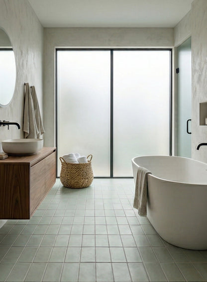 Light green 4x8 clay tiles by Clay Imports, covering a modern bathroom floor with a tub and wood vanity.