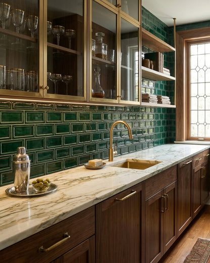 Deep green glossy Inversa Bota Forest tile by Clay Imports, installed as a kitchen backsplash with distinct raised edges.