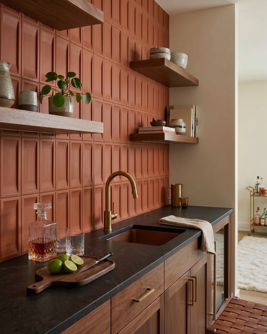 Mamey Inversa Bota textured wall tiles by Clay Imports as a reddish-brown backsplash in a home bar.