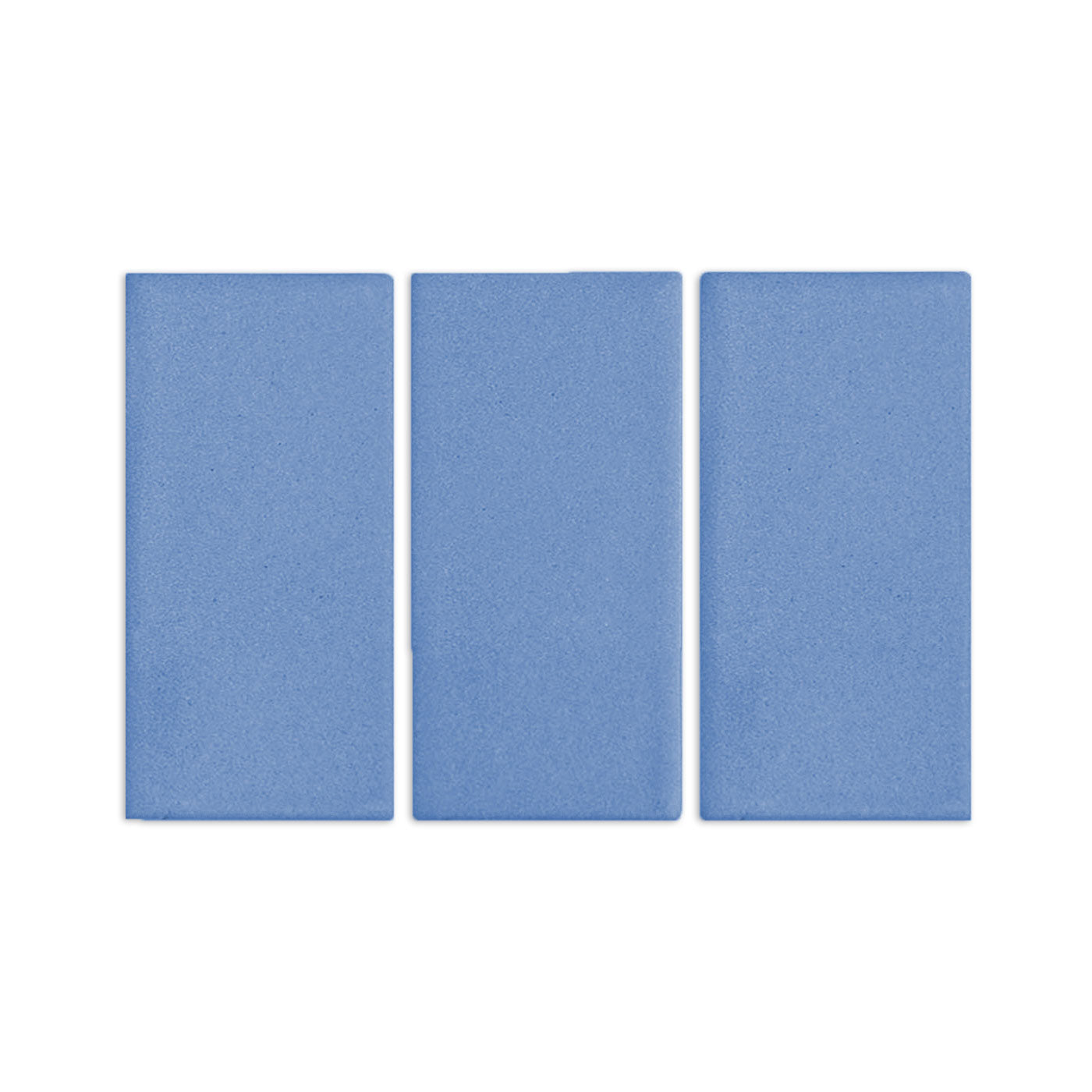 Three denim blue rectangular clay tiles by Clay Imports, arranged vertically with a subtle matte texture.
