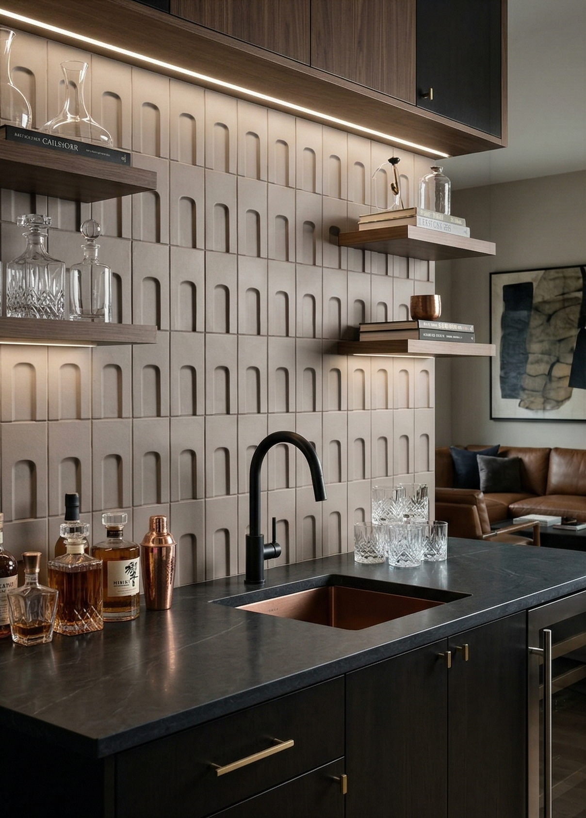 Brown Hueco Boot shaped clay tiles by Clay Imports, arranged as a textured wall with repeating arches in a modern bar.