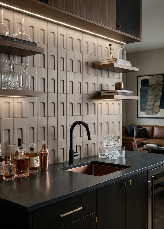 Brown Hueco Boot shaped clay tiles by Clay Imports, arranged as a textured wall with repeating arches in a modern bar.