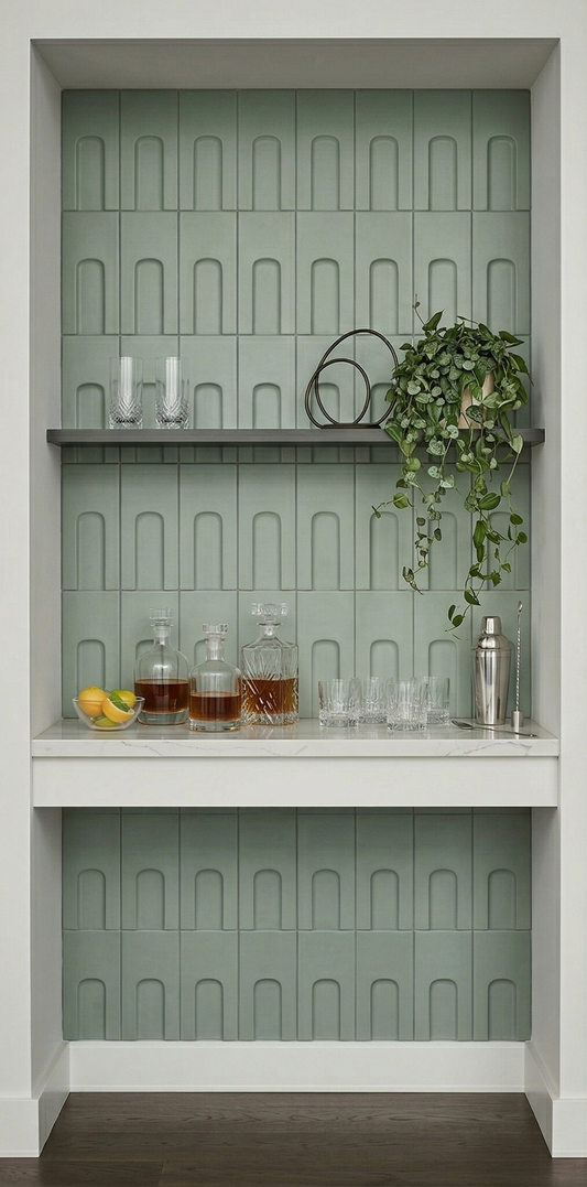 Green Hueco Rucksack clay tiles by Clay Imports featuring a repetitive arched pattern on a recessed wall styled as a home bar.