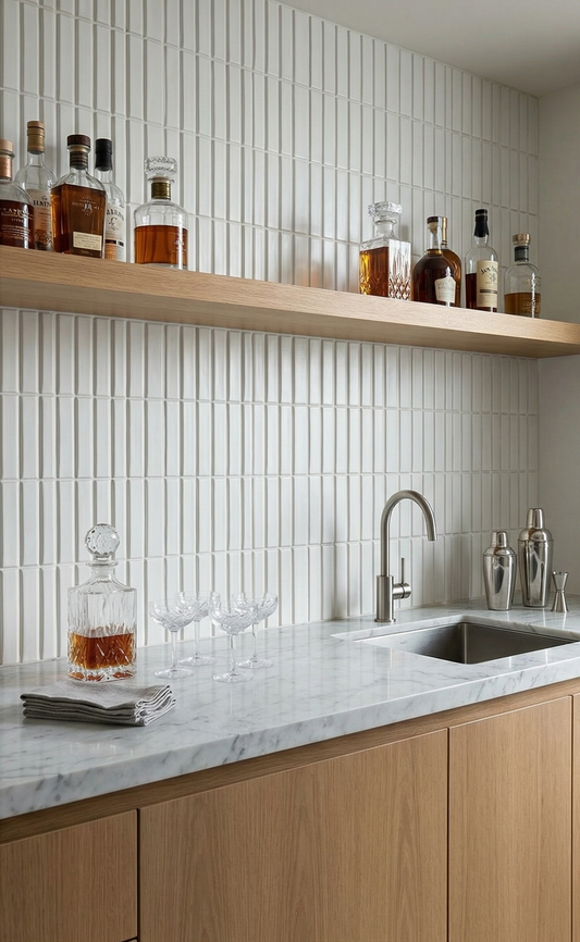 White Otero 4x8 clay tile by Clay Imports, featuring a vertical stacked pattern as a modern wet bar backsplash.