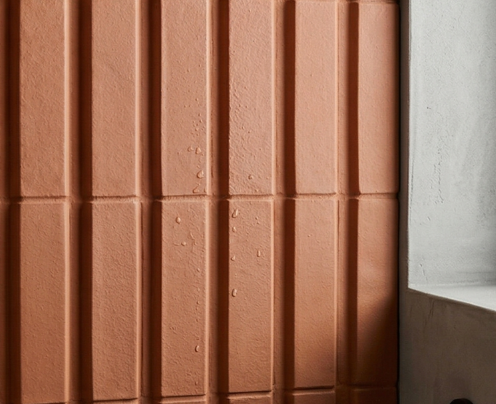 Terracotta Otero Mamey clay tiles by Clay Imports, featuring a vertical fluted pattern and water droplets.