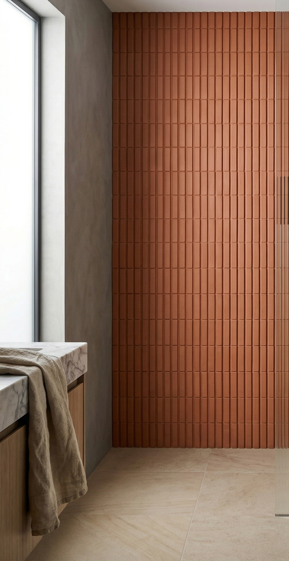 Mamey 4x8 rectangular clay tiles by Clay Imports, vertically laid on a modern bathroom wall.