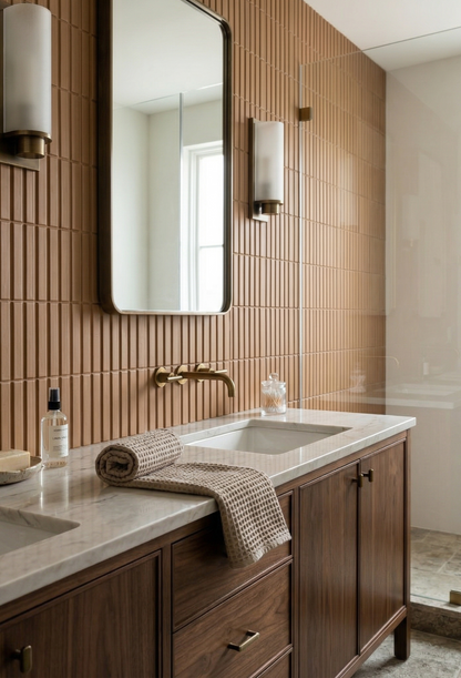 Warm brown clay tiles by Clay Imports with a fluted texture, arranged vertically in a modern bathroom.