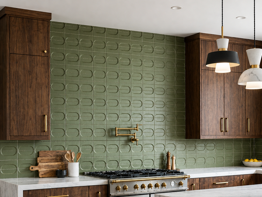 Green 3D clay tiles with Oval Bomber Jacket pattern by Clay Imports, installed as a modern kitchen backsplash.