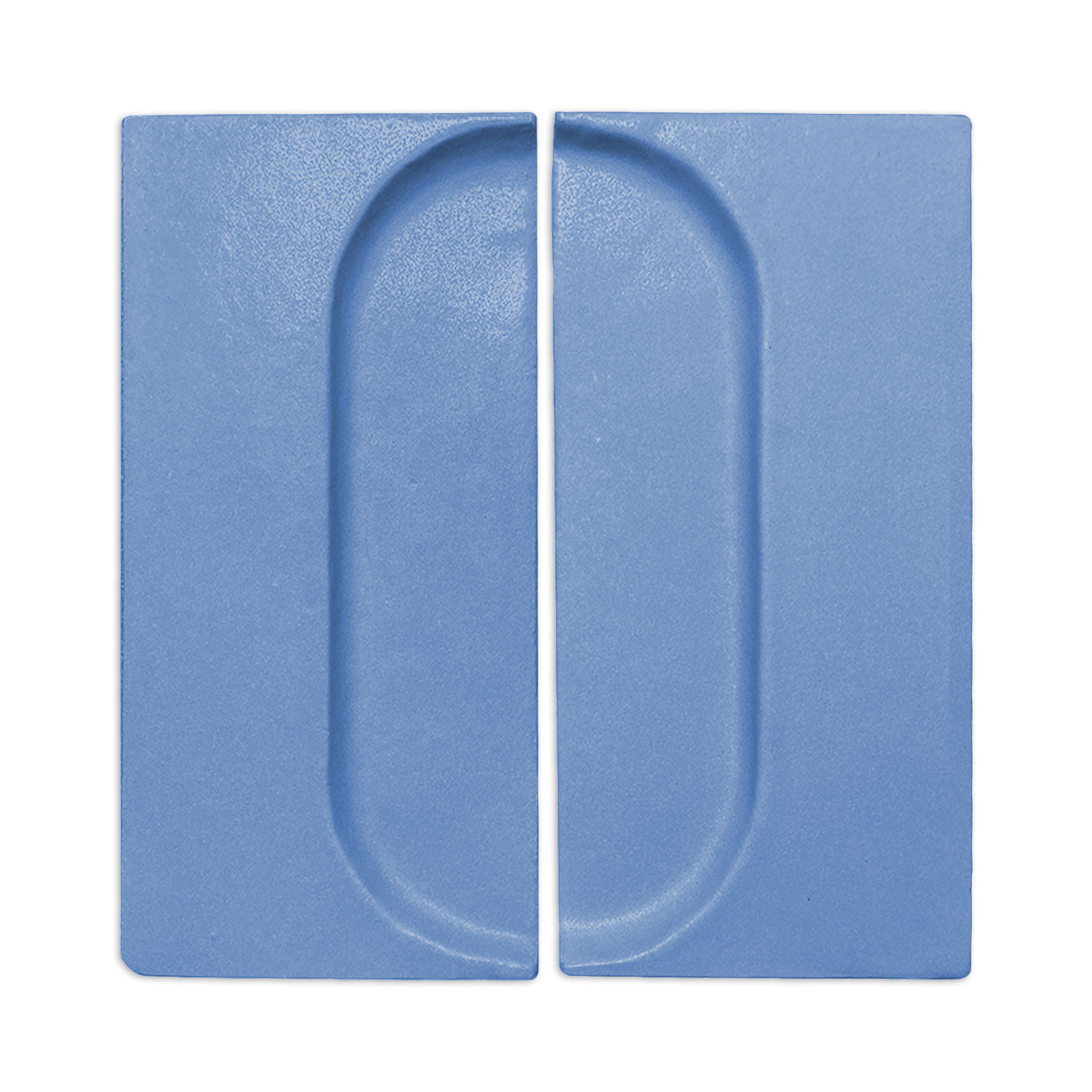 Denim blue oval shape clay tile by Clay Imports, featuring two rectangular tiles with recessed oval designs and a textured surface.