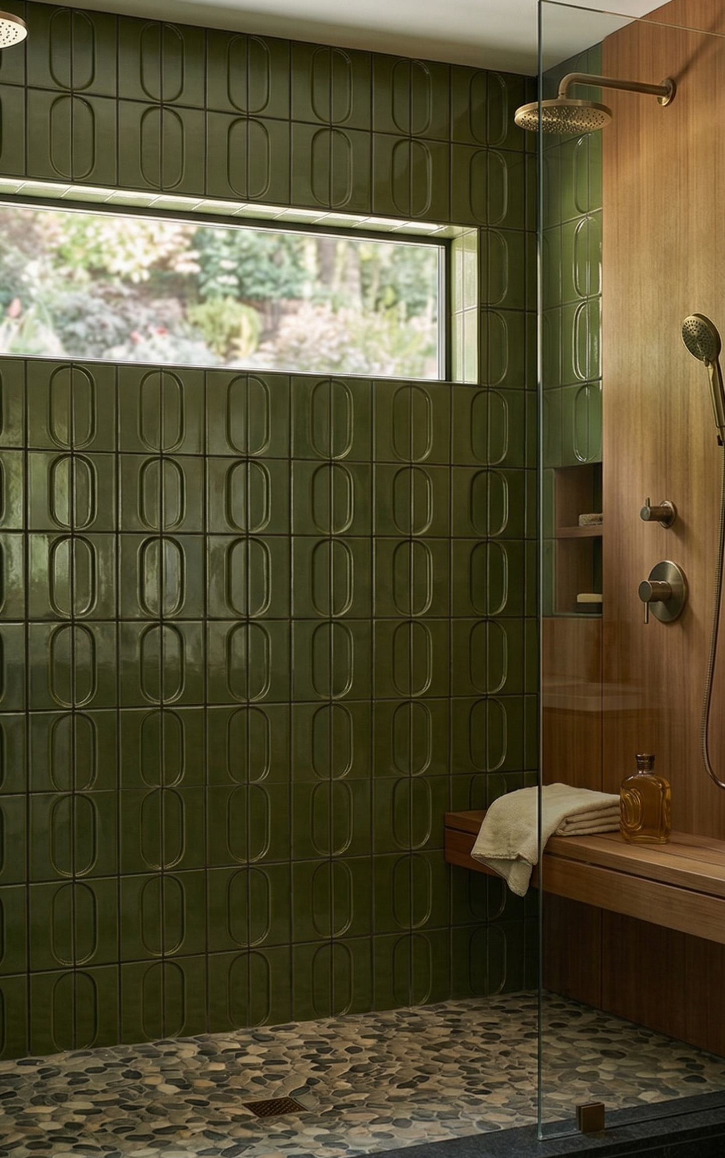 Moss green oval pattern clay tiles by Clay Imports, arranged vertically in a shower with a window.