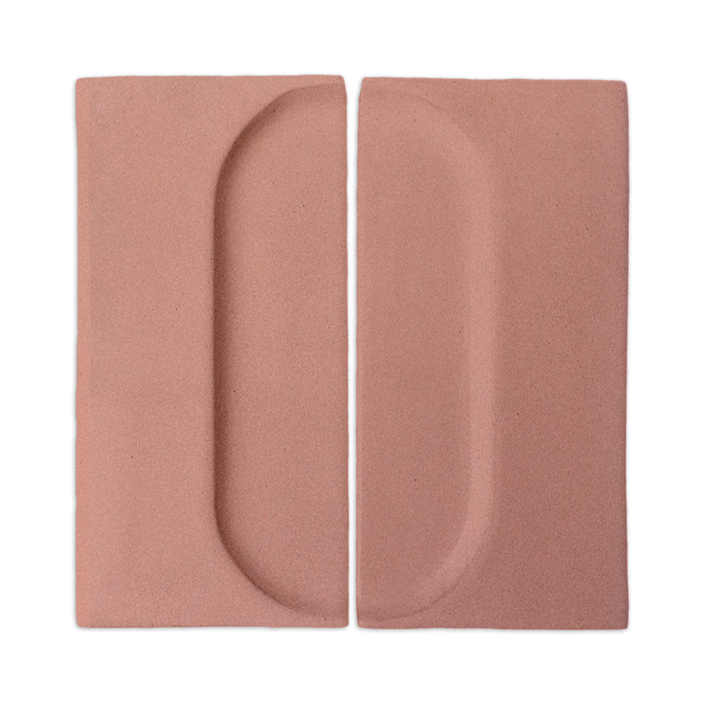 Two rectangular pink clay tiles with oval indents by Clay Imports, featuring a subtle granite-like texture.