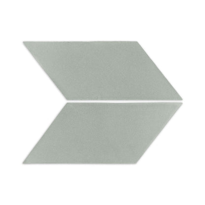 Agave parallelogram clay tiles from Clay Imports, two arranged as a light green arrow with a subtle speckled texture.