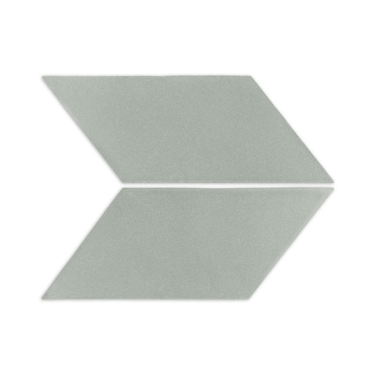 Agave parallelogram clay tiles from Clay Imports, two arranged as a light green arrow with a subtle speckled texture.