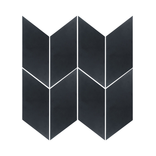 Black suede parallelogram clay tiles from Clay Imports arranged in a W-shaped pattern with white grout lines.