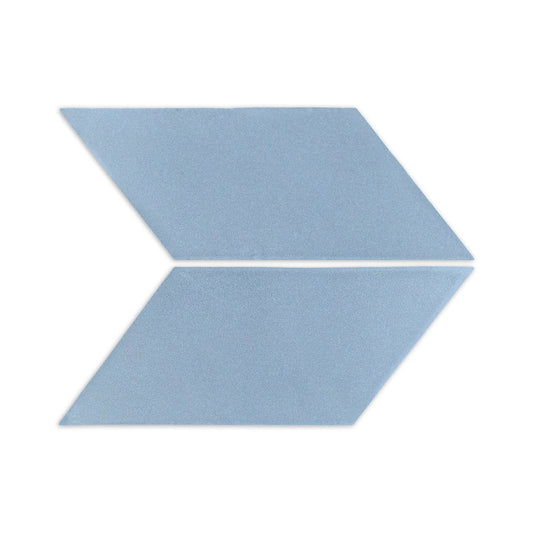 Two blue agate parallelogram clay tiles by Clay Imports, arranged in an arrow pattern on a white background.