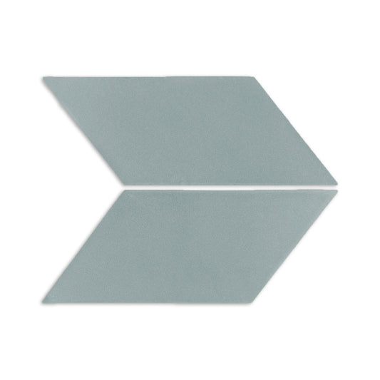 Dusty blue-green parallelogram clay tiles by Clay Imports, two pieces arranged to form a right-pointing arrow on a white background.