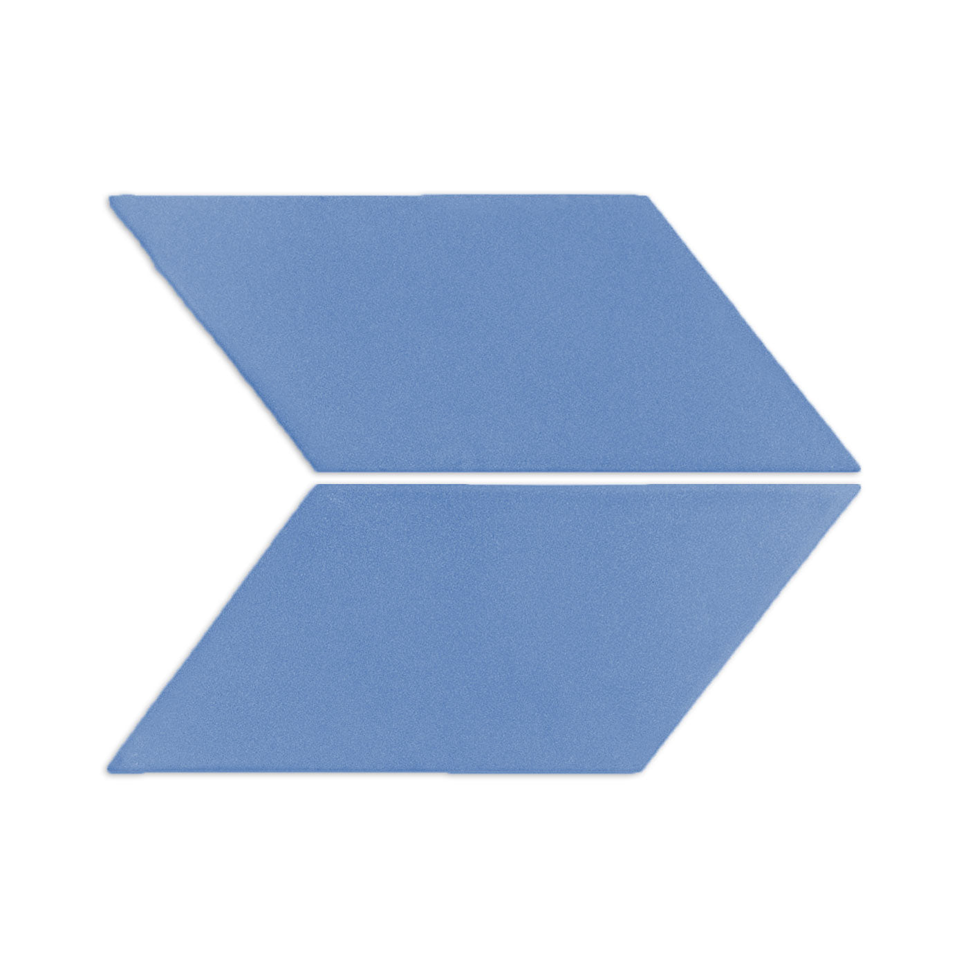 Two parallelogram denim clay tiles by Clay Imports, light blue and textured, forming a right-pointing arrow.