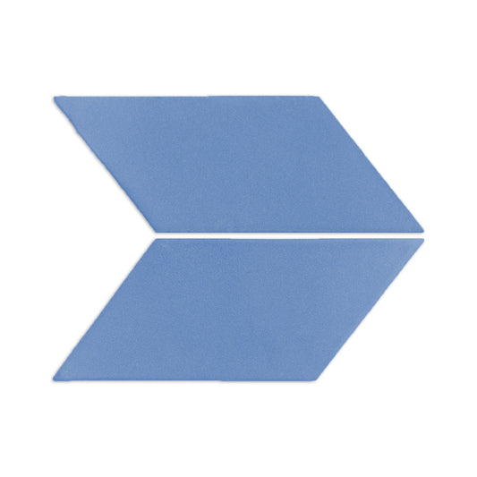 Two parallelogram denim clay tiles by Clay Imports, light blue and textured, forming a right-pointing arrow.