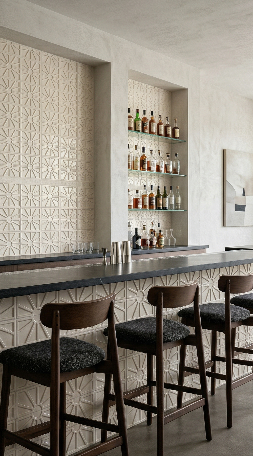 Petalito Candela light beige clay tiles by Clay Imports, with a raised geometric sunburst pattern on a modern bar wall and counter.