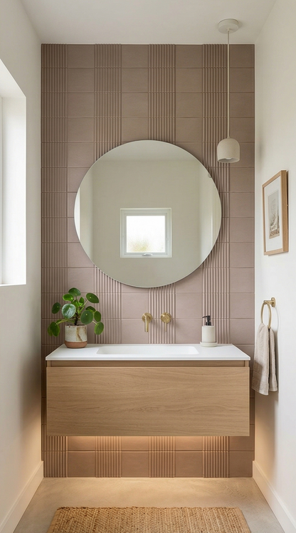 Brown Raya Boot clay tiles by Clay Imports, with a textured and ribbed pattern accenting a bathroom wall.