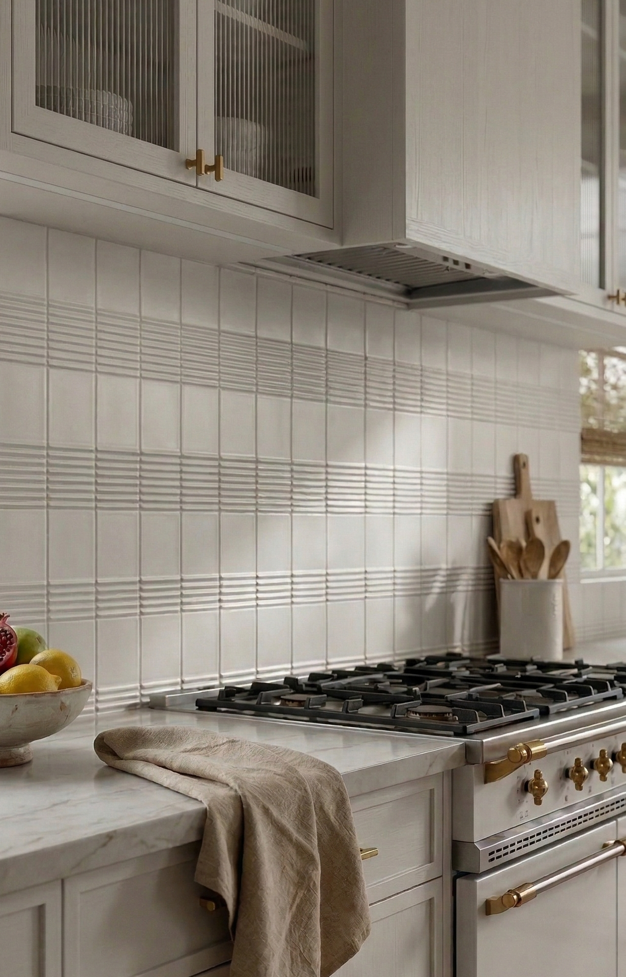 Raya Chalk rectangular clay tile in light gray by Clay Imports, installed vertically as a kitchen backsplash with horizontal ribbed patterns.