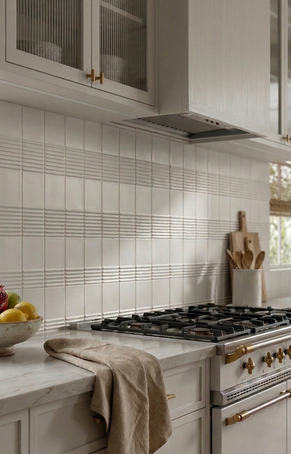 Raya Chalk rectangular clay tile in light gray by Clay Imports, installed vertically as a kitchen backsplash with horizontal ribbed patterns.