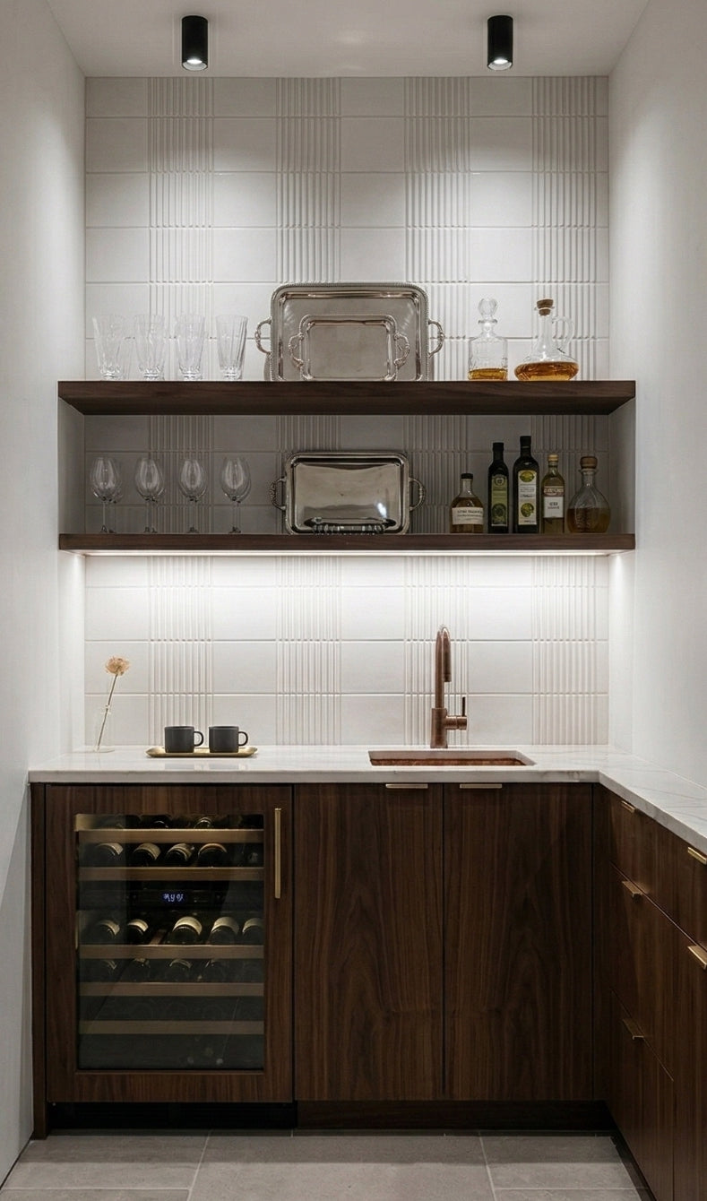 Raya Chalk clay tiles, white by Clay Imports with a subtle fluted texture in a mixed orientation pattern.