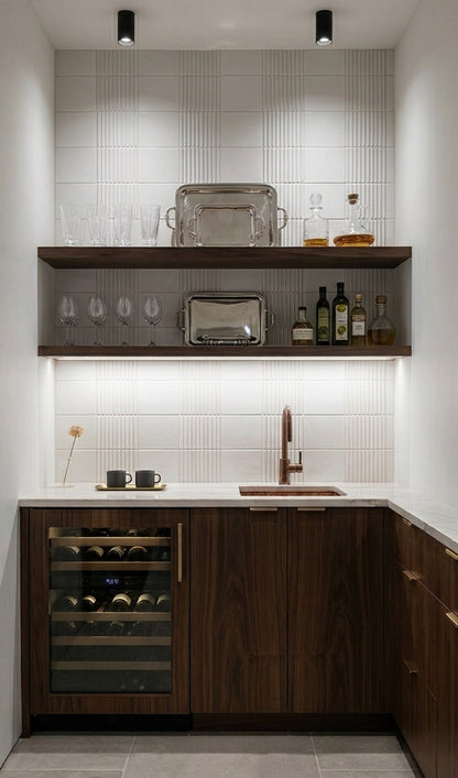 Raya Chalk clay tiles, white by Clay Imports with a subtle fluted texture in a mixed orientation pattern.
