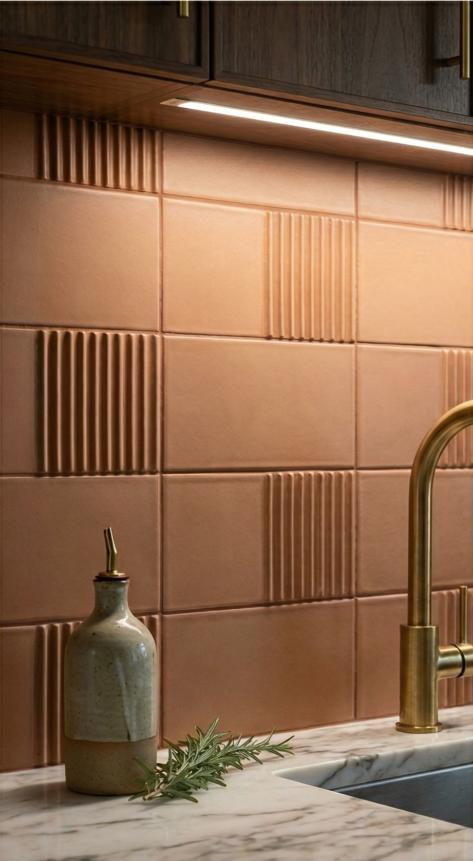 Raya Tequila 4x8 clay tiles by Clay Imports, featuring alternating smooth and ribbed textures as a kitchen backsplash.