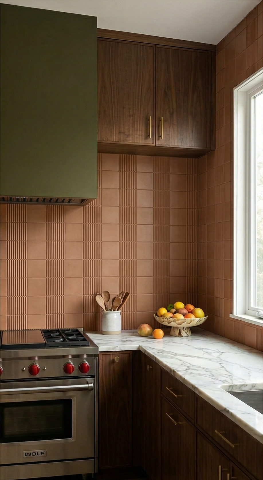 Raya Tequila 4x8 shaped clay tiles by Clay Imports in an earthy tone, featuring alternating fluted and smooth patterns as a kitchen backsplash.