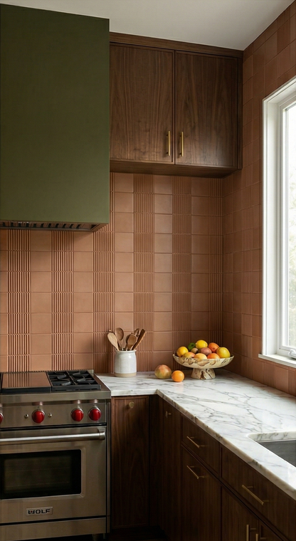 Raya Tequila 4x8 shaped clay tiles by Clay Imports in an earthy tone, featuring alternating fluted and smooth patterns as a kitchen backsplash.