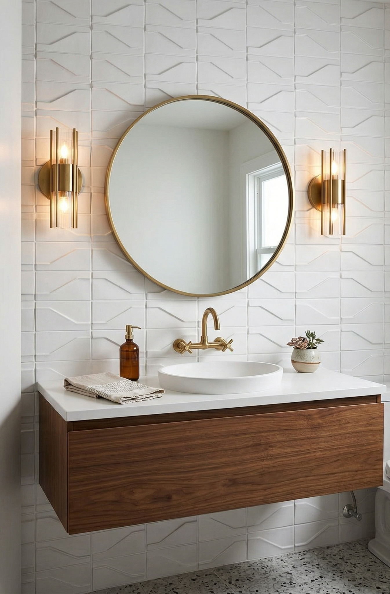 White textured wall tiles by Clay Imports with a subtle geometric pattern, decorating a modern bathroom.