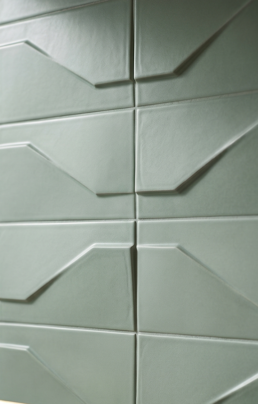 Sage green geometric ceramic tiles by Clay Imports featuring an angular 3D pattern and a subtly textured surface.